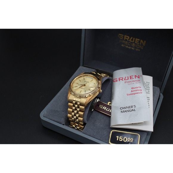 Gruen Other - NOS Gruen Precision Quartz Day Date 36mm Box Papers Gold Tone Runs